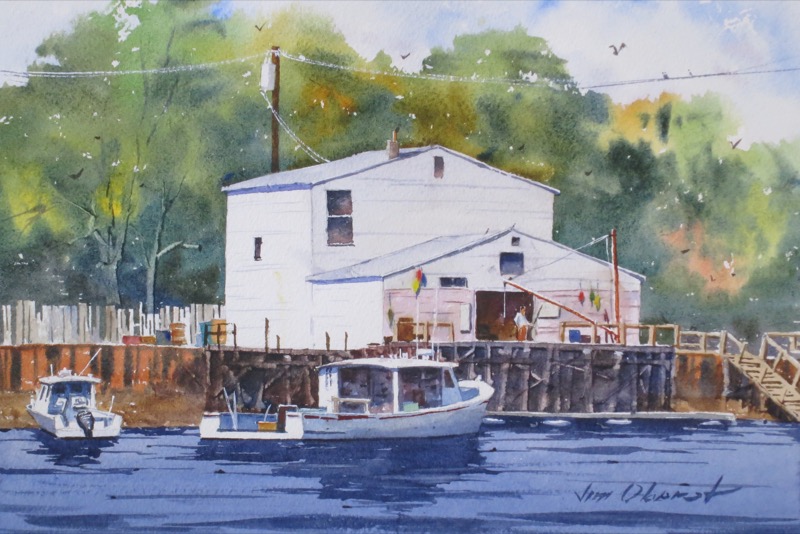 seascape, boat, fishing, shack, dock, badgers island, maine, portsmouth, new hampshire, new england, original watercolor painting, oberst